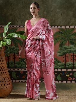Lush Glam - Women Pink Beautiful Printed Chinon Ready To Wear Saree with Unstitched Blouse