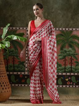 Lush Glam - Women Red Beautiful Printed Chinon Ready To Wear Saree with Unstitched Blouse