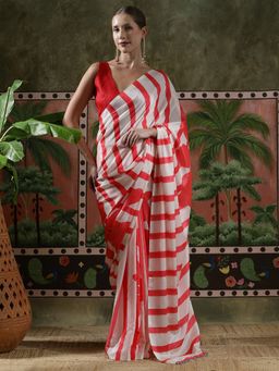 Lush Glam - Women Red Beautiful Printed Chinon Ready To Wear Saree with Unstitched Blouse