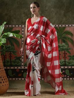 Lush Glam - Women Red Beautiful Printed Chinon Ready To Wear Saree with Unstitched Blouse