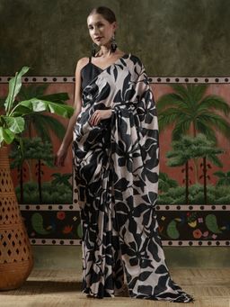 Lush Glam - Women Black Beautiful Printed Chinon Ready To Wear Saree with Unstitched Blouse