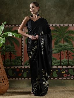 Lush Glam - Women Black Beautiful Printed Chinon Ready To Wear Saree with Unstitched Blouse