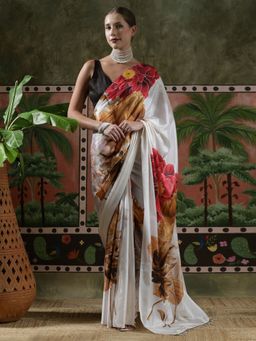 Lush Glam - Women White Beautiful Printed Chinon Ready To Wear Saree with Unstitched Blouse