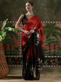 Lush Glam - Women Red Beautiful Printed Chinon Ready To Wear Saree with Unstitched Blouse