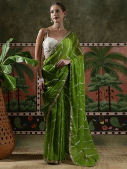 Lush Glam - Women Green Embellished Leheriya Ready To Wear Saree with Unstitched Blouse