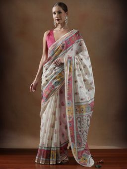 Lush Glam - Women Off White Fancy Premium Cotton Saree with Unstitched Blouse