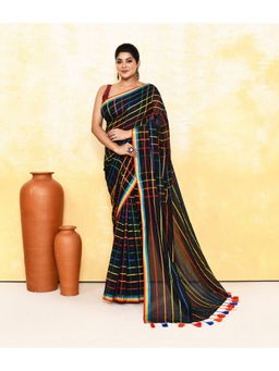 Ruuprekha - Women Black Checked Pure Cotton Khadi Saree without Blouse