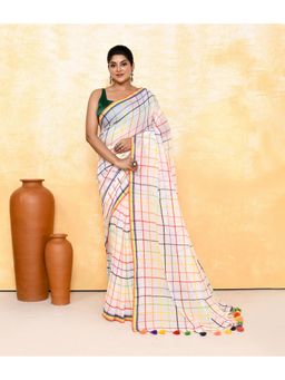 Ruuprekha - Women White Checked Pure Cotton Khadi Saree without Blouse