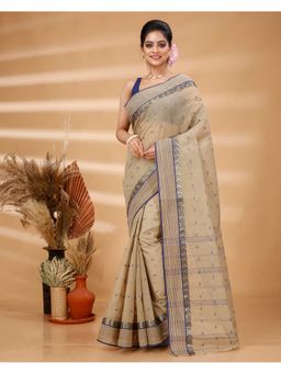 Ruuprekha - Women Beige Woven Tant Pure Cotton Saree without Blouse