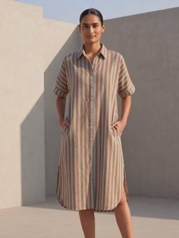 JAIPURRANG - Multi-Colour Striped Shirt Collar Short Sleeve Midi Dress