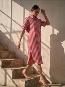 JAIPURRANG - Pink Striped Shirt Collar Short Sleeve Midi Dress