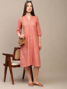 SPARSA - Peach Striped Front-Slit A-Line Cotton Dress