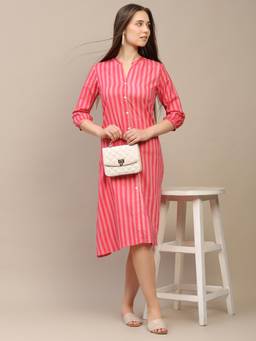 SPARSA - Pink Striped Front-Slit A-Line Cotton Dress
