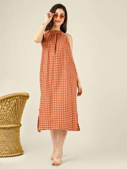 SPARSA - Brown Checked Halter-Neck Long Cotton Sleeveless Dress