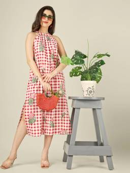 SPARSA - White Checked Halter-Neck Long Cotton Sleeveless Dress