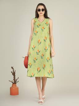 SPARSA - Green Striped V-Neck Sleeveless A-Line Cotton Dress