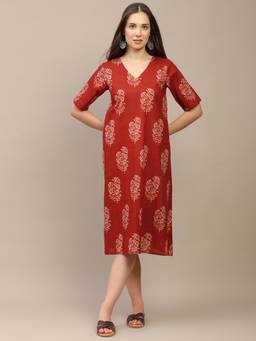 SPARSA - Red Printed Half-Sleeve V-Neck A-Line Cotton Dress