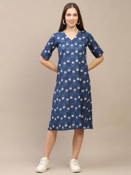SPARSA - Blue Printed Half-Sleeve V-Neck A-Line Cotton Dress