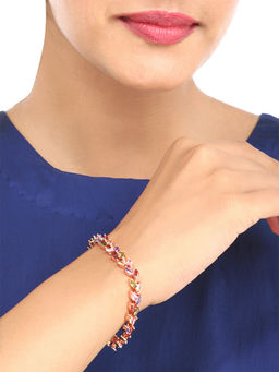 Yellow Chimes - Rose Gold -toned Multicolor Studded Swiss Zircon Leafy Bracelet