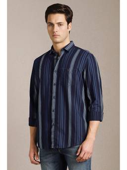Louis Philippe - Men Navy Stripe Full Sleeves Casual Shirt