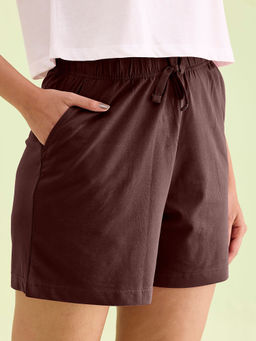 Go Colors - Women's Solid Dark Brown Mid Rise Casual Shorts