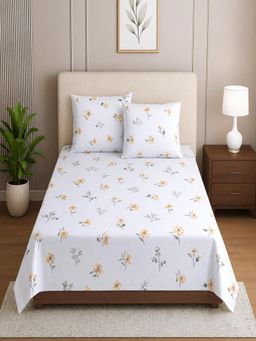 Threadwear - White Floral Cotton 400 TC Flat Single Bedsheet with 2 Pillow covers