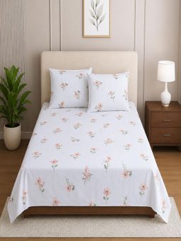 Threadwear - White Floral Cotton 400 TC Flat Single Bedsheet with 2 Pillow covers
