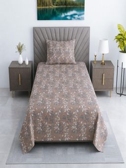 Threadwear - Coffee shade Floral Cotton 400 TC Flat Single Bedsheet with 1 Pillow cover