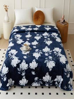 Threadwear - Blue Floral Woollen Double Bed Blanket