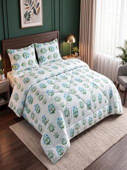 Threadwear - Off White Floral Queen Bedsheet With 2 Pillow Covers & Comforter