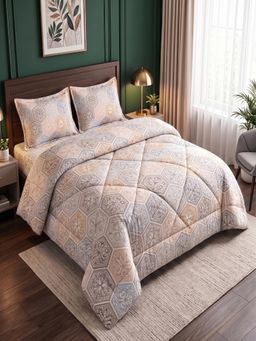 Threadwear - Off White Floral Queen Bedsheet With 2 Pillow Covers & Comforter