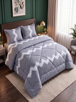 Threadwear - Grey Abstract Queen Bedsheet With 2 Pillow Covers & Comforter