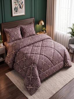 Threadwear - Brown Floral Queen Bedsheet With 2 Pillow Covers & Comforter