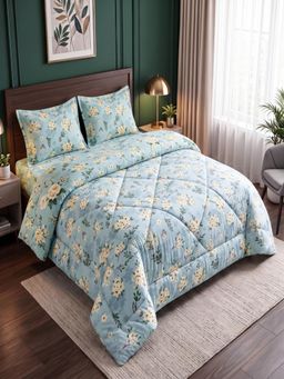 Threadwear - Green Floral Queen Bedsheet With 2 Pillow Covers & Comforter