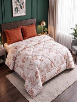 Threadwear - Cream Floral Queen Bedsheet With 2 Pillow Covers & Comforter