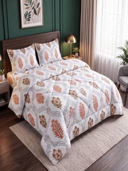Threadwear - White Floral Queen Bedsheet With 2 Pillow Covers & Comforter