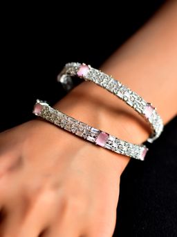 AG'S - Triguni Baby Pink Stoned & Diamond Silver Plated Pair Bangle