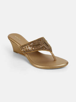 Mochi - Women Antique Gold Ethnic Wedges Heels