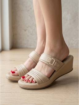 Carlton London - Women Beige Perforated Double-Strap Slip-On Wedge Heels