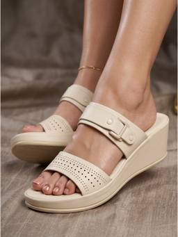 Carlton London - Women Cream Perforated Double-Strap Slip-On Wedge Heels