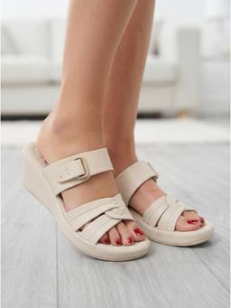 Carlton London - Women Cream Double-Strap Slip-On Wedges Heels