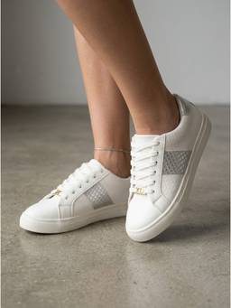 Carlton London - Women White Silver Low-Top Sneakers with Metallic Snake-Embossed Accent