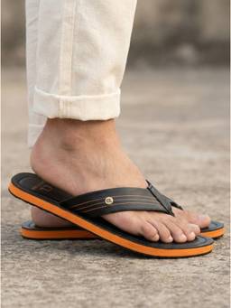 Carlton London - Men Black Casual Flipflops with Striped Straps and Metallic Accent