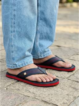 Carlton London - Men Navy Blue Casual Flipflops with Striped Straps and Metallic Accent