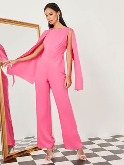 Styli - Pink Long Slit Sleeves Wide Leg Jumpsuit