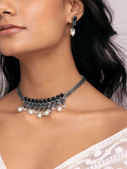 Indya - Oxidized Black Stone Choker Necklace Earrings Set (Set of 2)