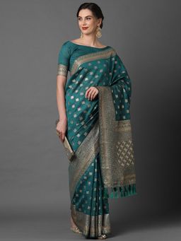 Akhilam - Teal Blue Wedding Silk Blend Woven Design Saree with Unstitched