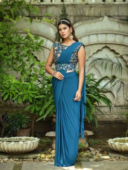 Odette - Blue Lycra Designer Saree with Unstitched Blouse