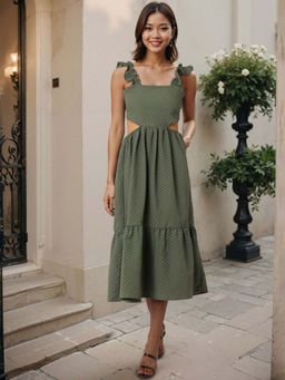 Freehand - Women Green Elastane Square Neck Dress