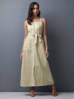 Freehand - Women Cream Cotton Shoulder Straps Dress with Belt (Set of 2)